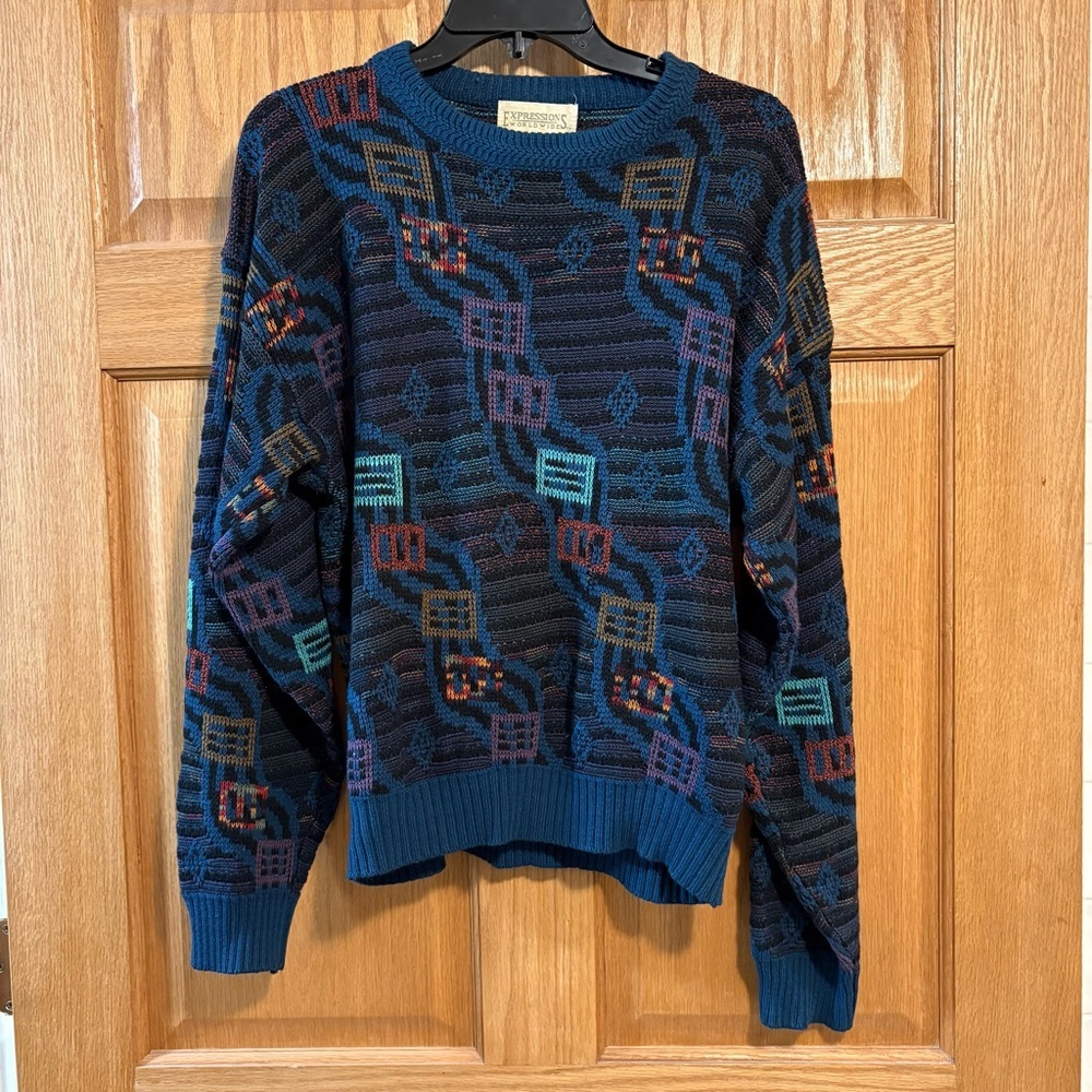 Vintage 90’s Expressions Funky Grunge Emo Coogi Style Knitted Sweater Men’s L